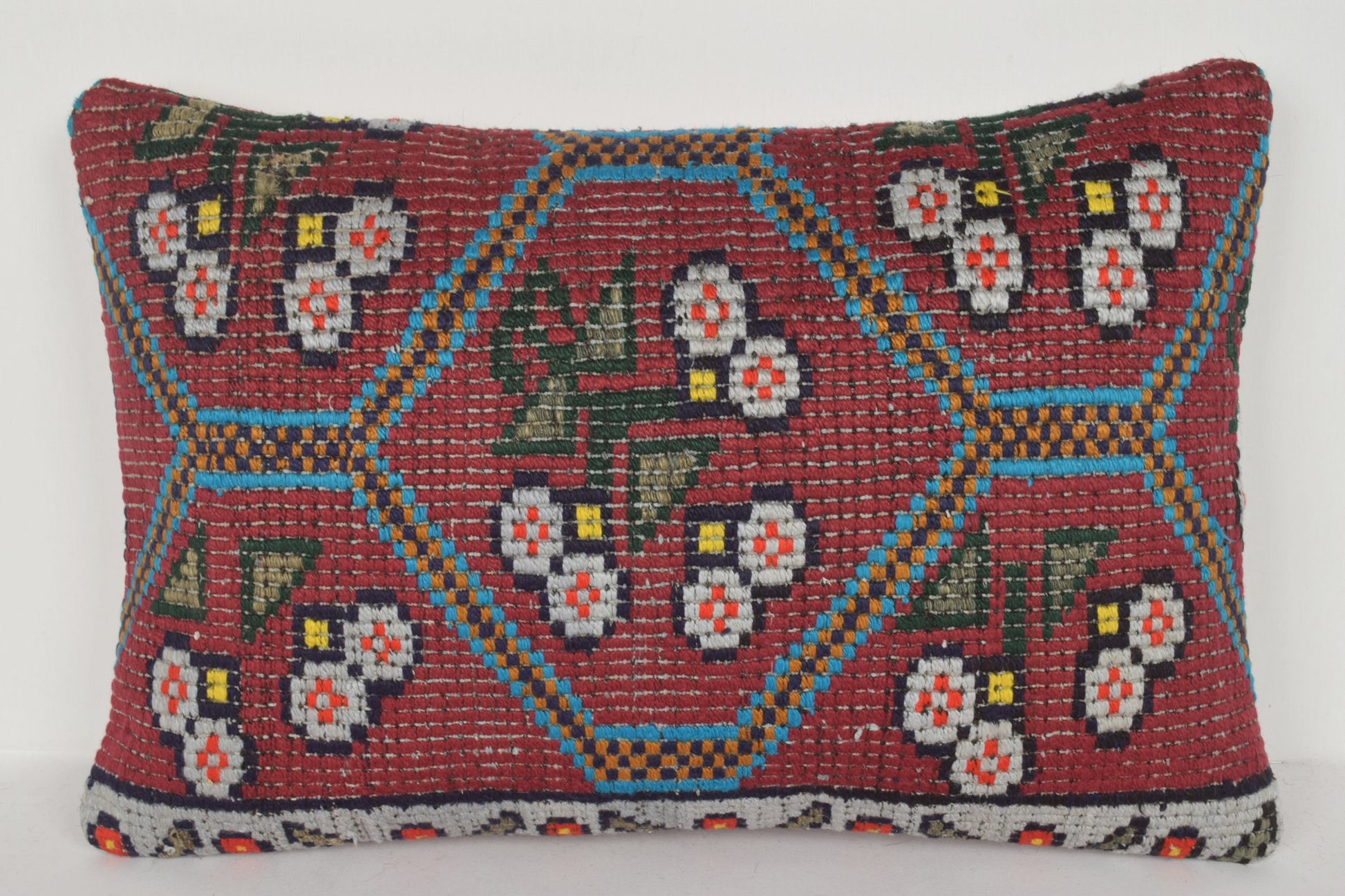 Wool Kilim Cushion E00359 Lumbar Woven Indigo Cross-stitch Eclectic
