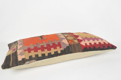 Turkish Ottoman Pillows, Geo Kilim Rug Pillow Lumbar F00174 12x24 " - 30x60 cm.